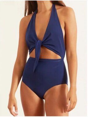 MARA HOFFMAN Maddy Tie-Front Cutout One-Piece Halter Swimsuit Navy Size M
